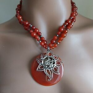 Elegant Red Beaded Necklace with Sterling  Silver Pendant